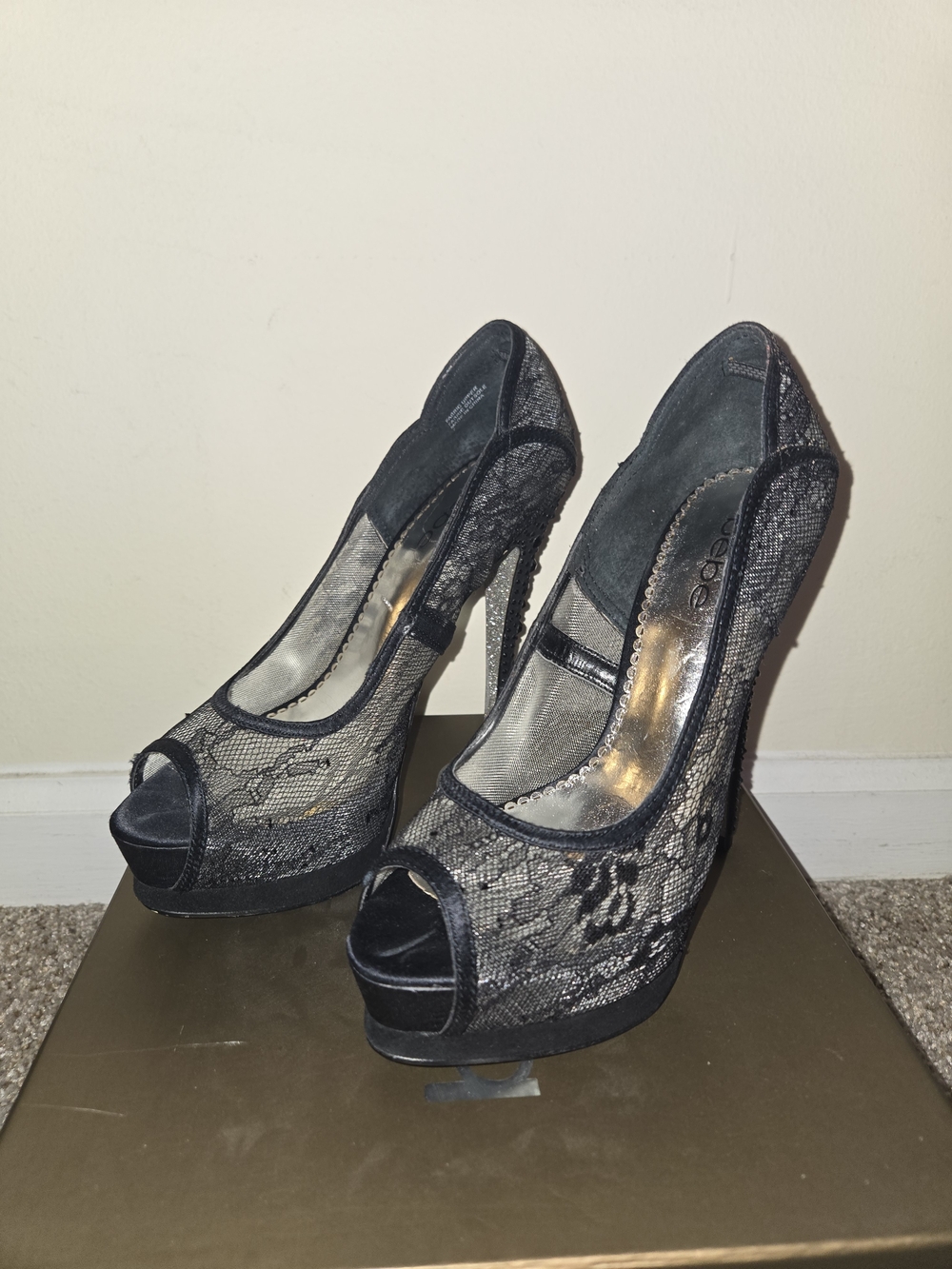 bebe Danita Lace Peep Toe Platform Heels Black